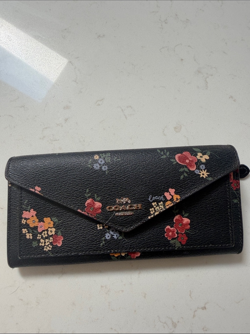Coach Black Floral Leather Envelope Wallet with Colorful Blossoms